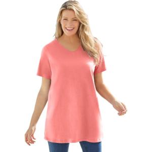 Woman Within Plus Size Perfect Short-Sleeve V-Neck Tunic(Sweet Coral)