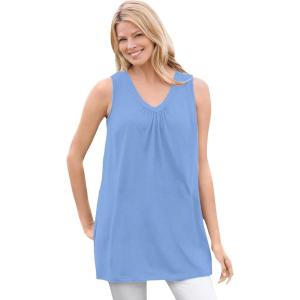 Woman Within Plus Size Perfect Sleeveless Shirred V-Neck Tunic(French Blue)