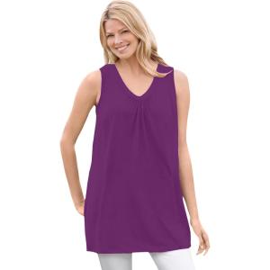 Woman Within Plus Size Perfect Sleeveless Shirred V-Neck Tunic(Plum Purple)