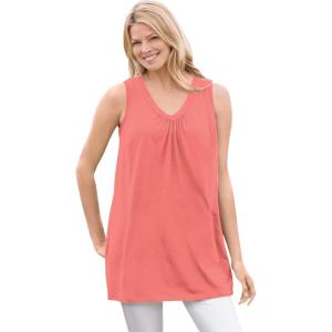 Woman Within Plus Size Perfect Sleeveless Shirred V-Neck Tunic(Sweet Coral)