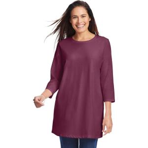 Woman Within Plus Size Perfect Three-Quarter Sleeve Crewneck Tunic(Deep Claret)