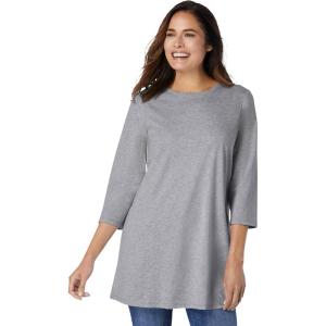 Woman Within Plus Size Perfect Three-Quarter Sleeve Crewneck Tunic(Medium Heather Grey)