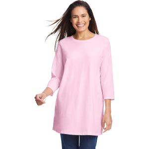 Woman Within Plus Size Perfect Three-Quarter Sleeve Crewneck Tunic(Pink)