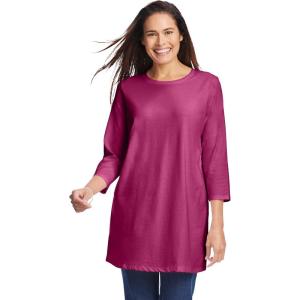 Woman Within Plus Size Perfect Three-Quarter Sleeve Crewneck Tunic(Raspberry)