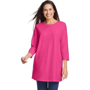 Woman Within Plus Size Perfect Three-Quarter Sleeve Crewneck Tunic(Raspberry Sorbet)