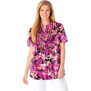 Woman Within Plus Size Pintucked Half-Button Tunic(Black Coral Hibiscus)