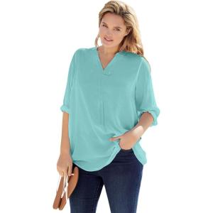 Woman Within Plus Size Rayon 7-Day Three-Quarter Sleeve Tab-Front Tunic(Azure)