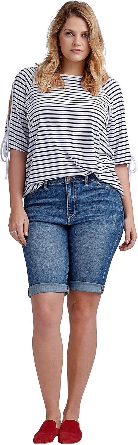 imageellos Plus Size MidRise Stretch Denim Bermuda ShortsLight Blue Sanded Distressed