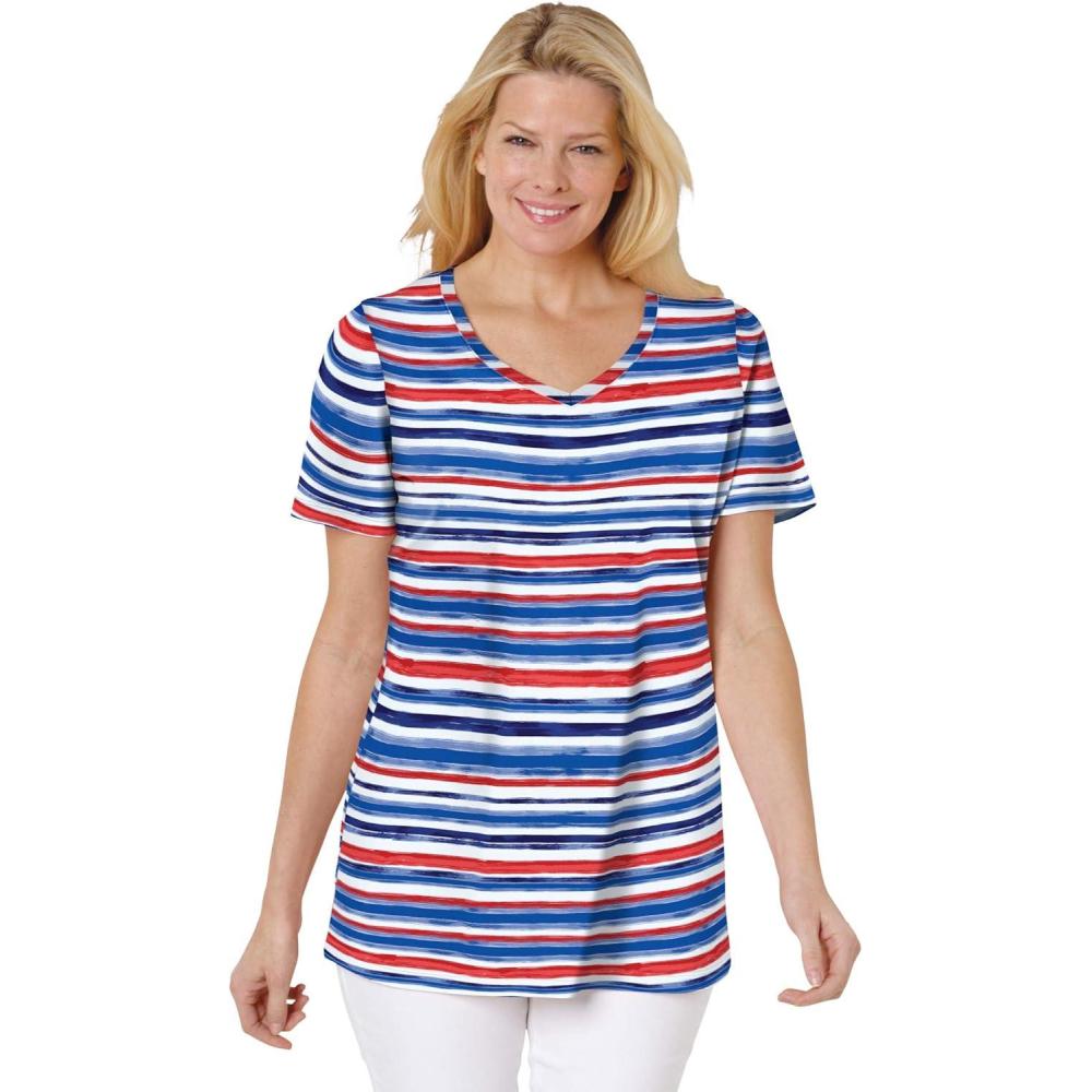 imageWoman Within Plus Size Perfect Printed ShortSleeve VNeck TeeBright Cobalt Painterly Stripe