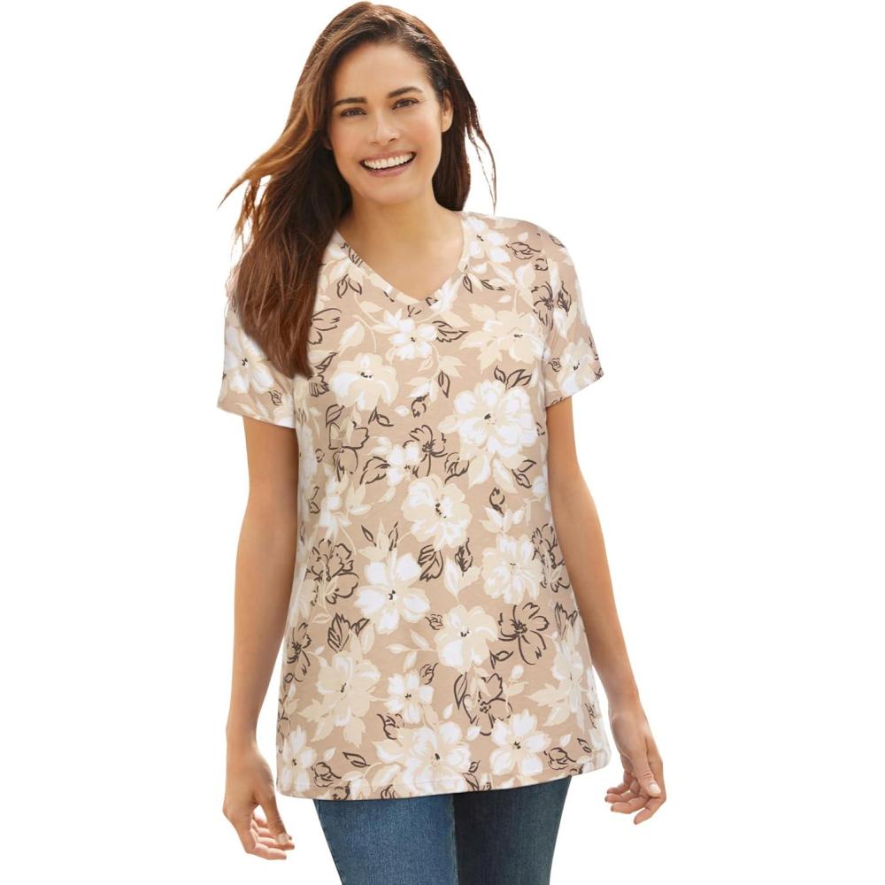 imageWoman Within Plus Size Perfect Printed ShortSleeve VNeck TeeNew Khaki Bloom