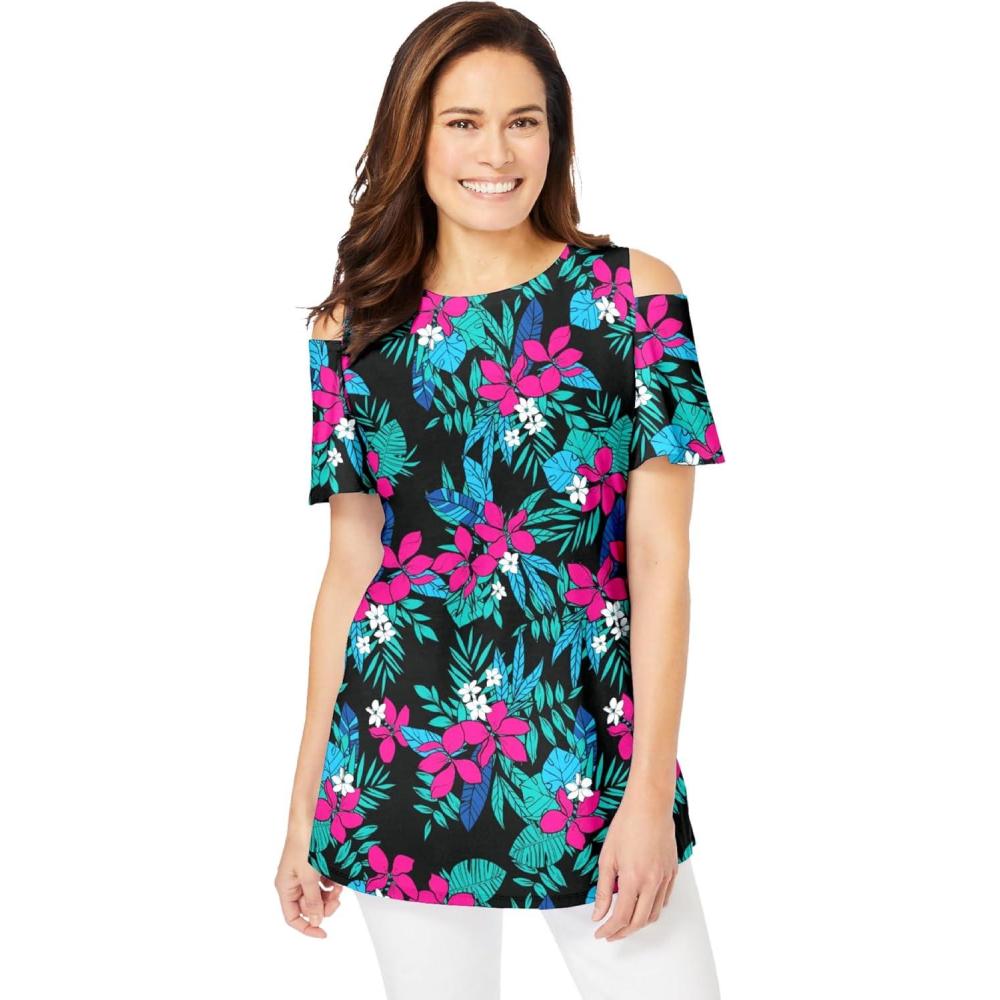 imageWoman Within Plus Size ShortSleeve ColdShoulder TeeBlack Multi Tropical