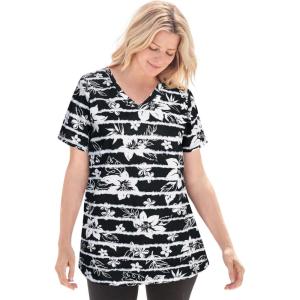 Woman Within Plus Size Perfect Printed Short-Sleeve V-Neck Tee(Black Batik Hibiscus)
