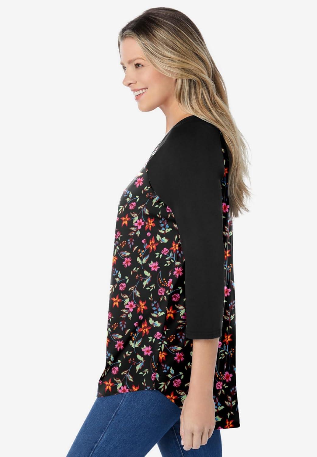 imageWoman Within Plus Size ThreeQuarter Sleeve Baseball TeeBlack Graphic Floral