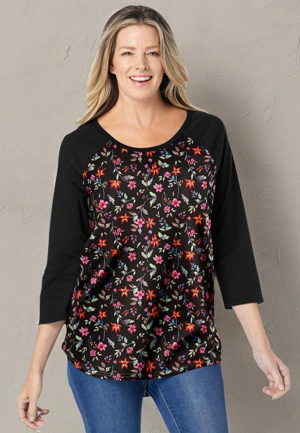 imageWoman Within Plus Size ThreeQuarter Sleeve Baseball TeeBlack Graphic Floral