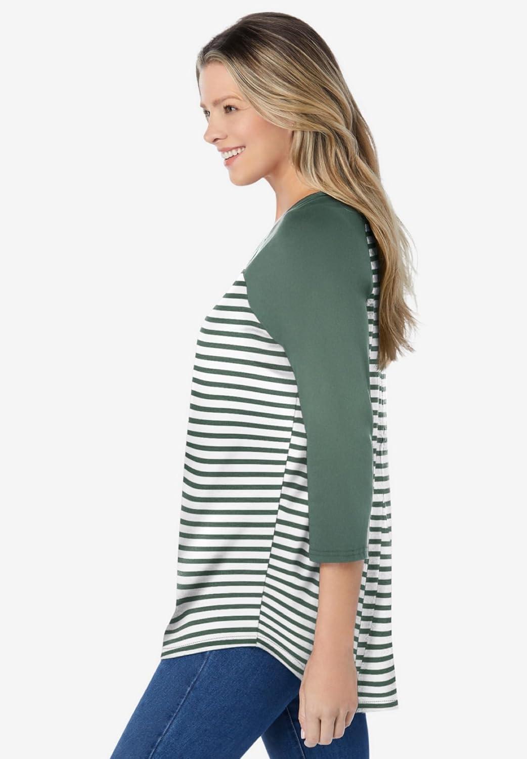imageWoman Within Plus Size ThreeQuarter Sleeve Baseball TeePine Stripe