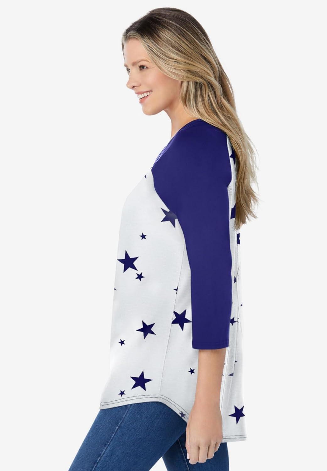 imageWoman Within Plus Size ThreeQuarter Sleeve Baseball TeeWhite Stars