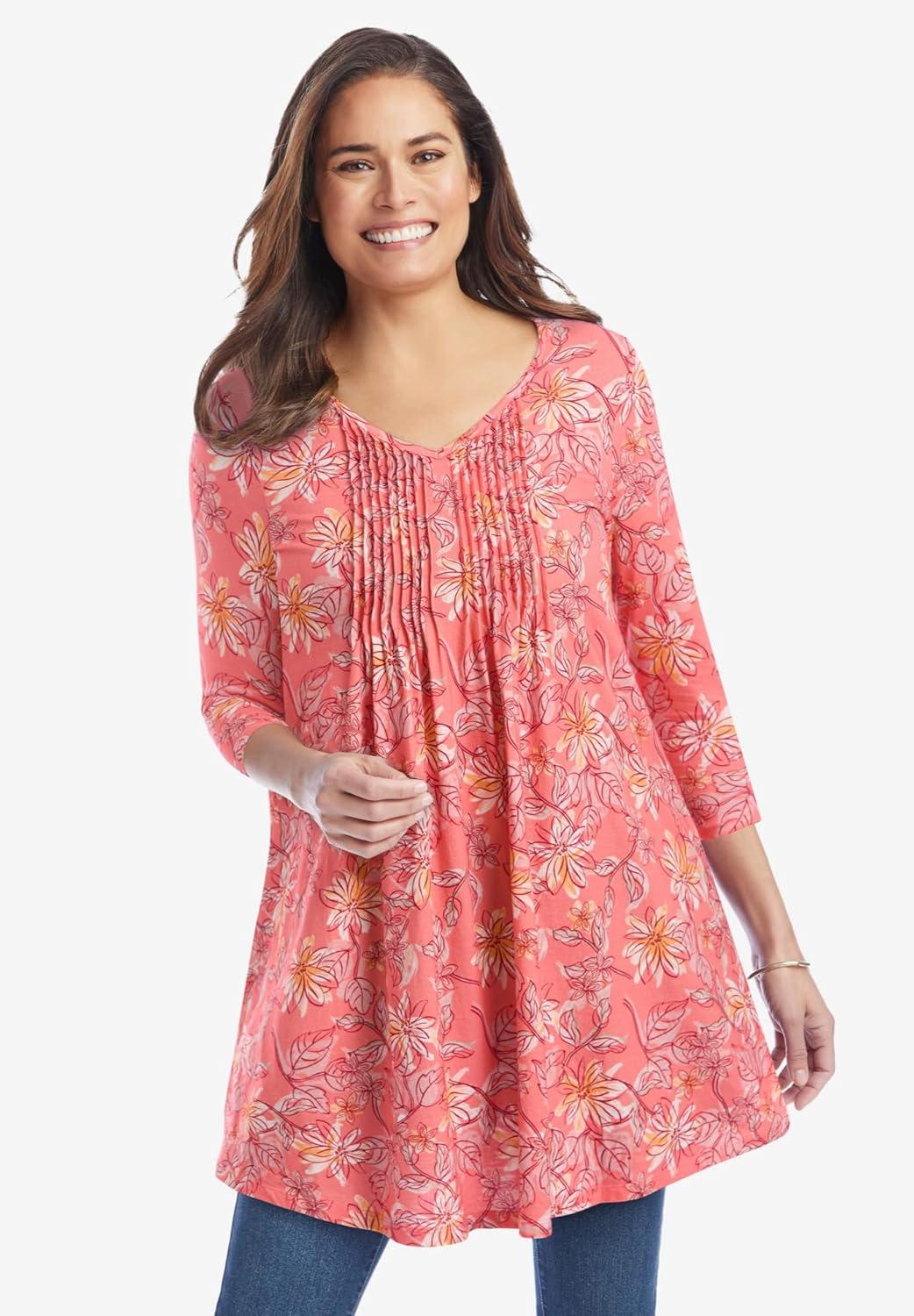 imageWoman Within Plus Size VNeck Pintucked TunicPeach Faded Floral