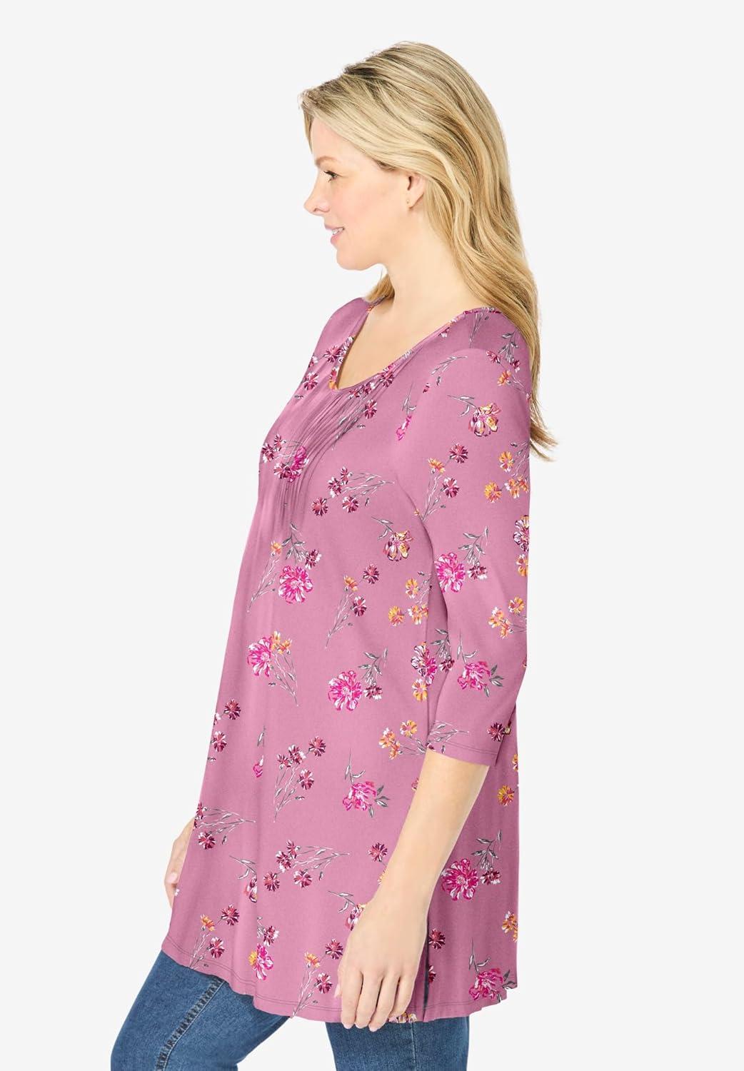 imageWoman Within Plus Size VNeck Pintucked TunicPink Orchid Marigold Floral