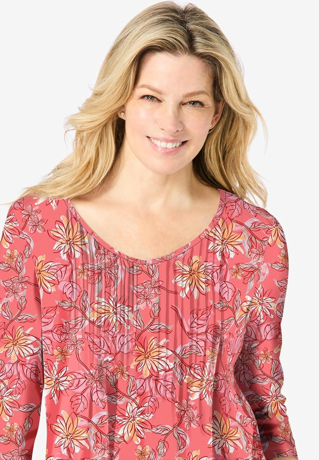 imageWoman Within Plus Size VNeck Pintucked TunicSweet Coral Floral