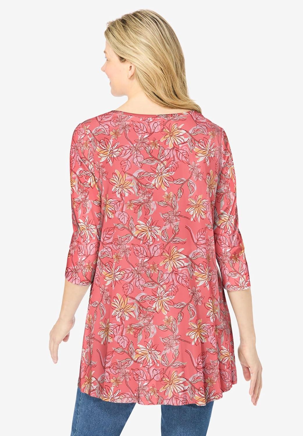 imageWoman Within Plus Size VNeck Pintucked TunicSweet Coral Floral