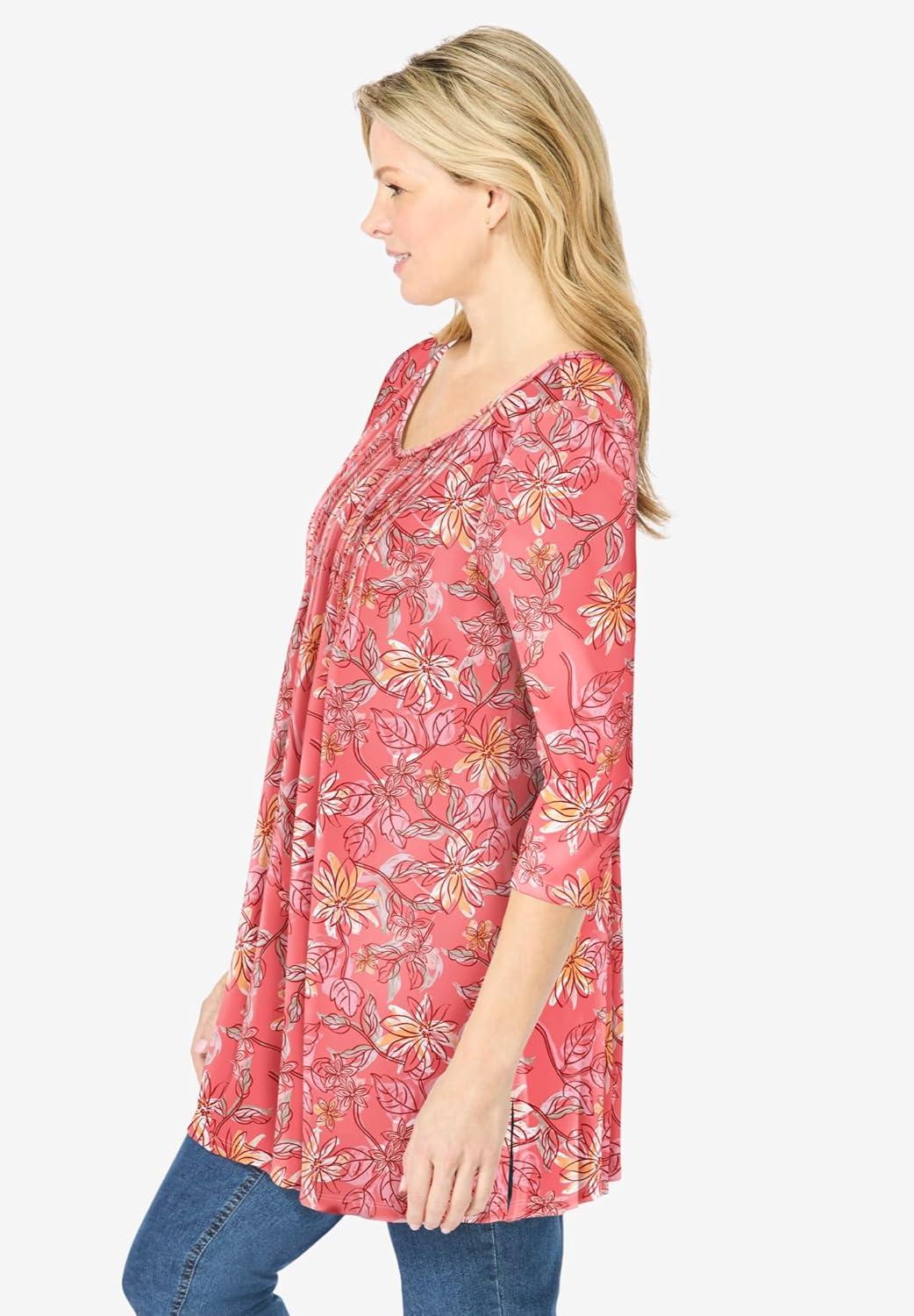 imageWoman Within Plus Size VNeck Pintucked TunicSweet Coral Floral
