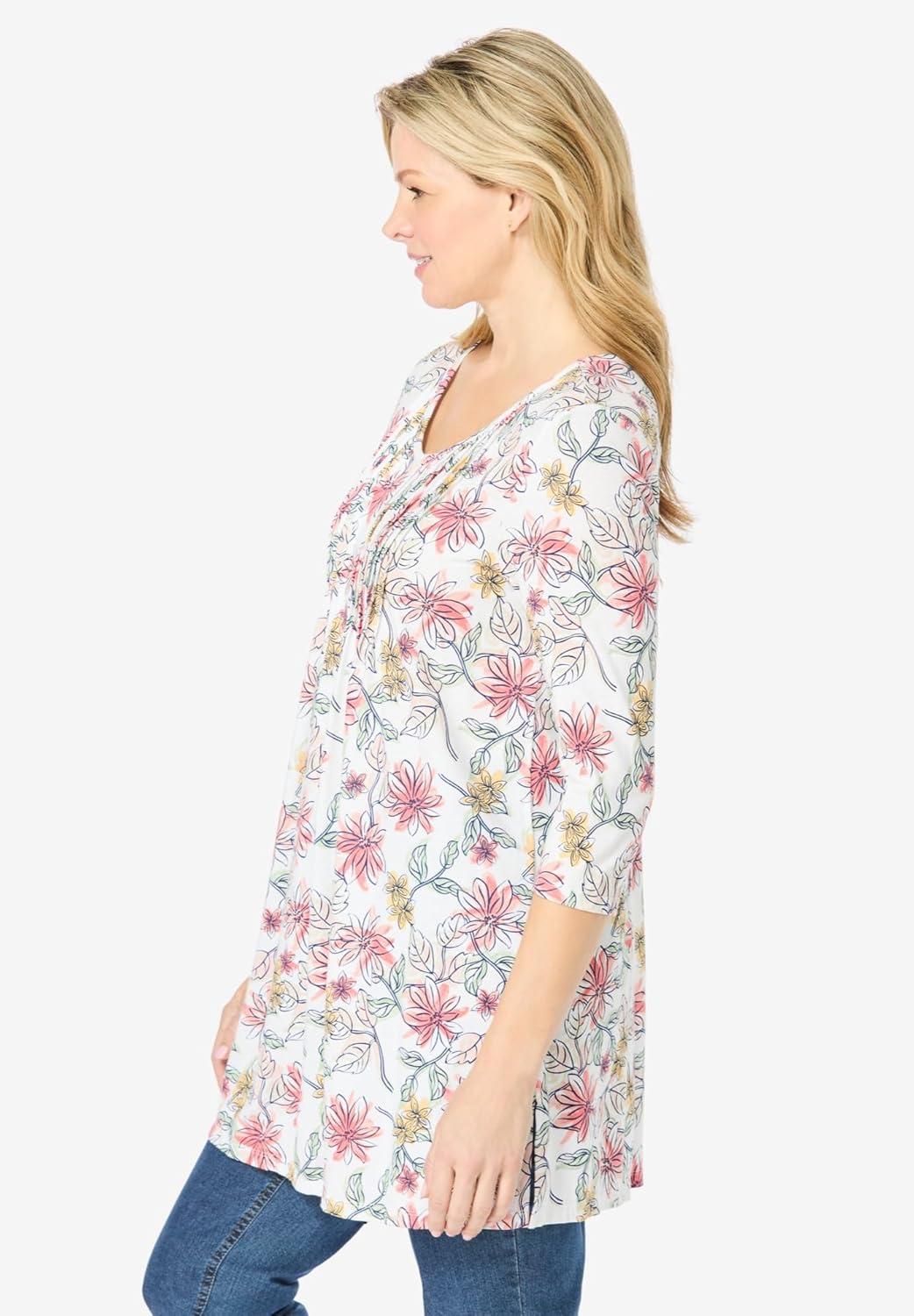 imageWoman Within Plus Size VNeck Pintucked TunicWhite Floral