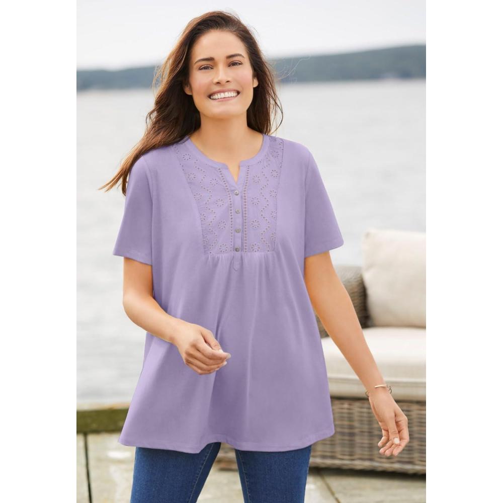 imageWoman Within Plus Size Eyelet Henley TeePale Lilac
