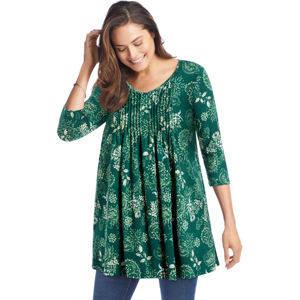 imageWoman Within Plus Size VNeck Pintucked TunicGreen Winter Batik