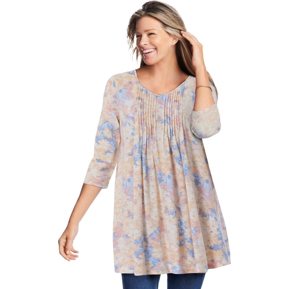 imageWoman Within Plus Size VNeck Pintucked TunicPeach Faded Floral
