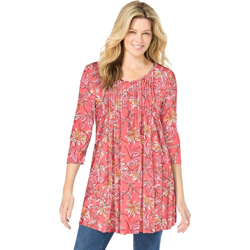 imageWoman Within Plus Size VNeck Pintucked TunicSweet Coral Floral