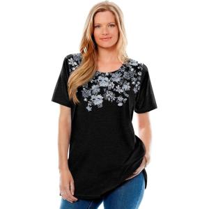 Woman Within Plus Size Graphic Tee(Black Mixed Bouquet)