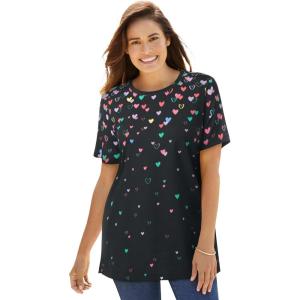 Woman Within Plus Size Graphic Tee(Black Multi Falling Hearts)