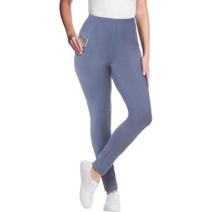 Woman Within Plus Size Tall Stretch-Cotton Knit Pull-On Pocket Leggings(Heather Navy)