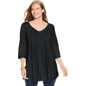 Woman Within Plus Size V-Neck Pintucked Tunic(Black)