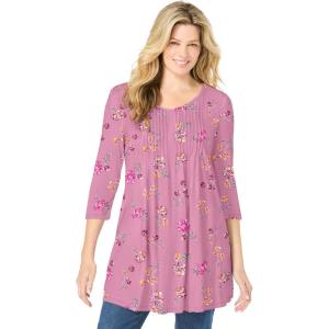 Woman Within Plus Size V-Neck Pintucked Tunic(Pink Orchid Marigold Floral)