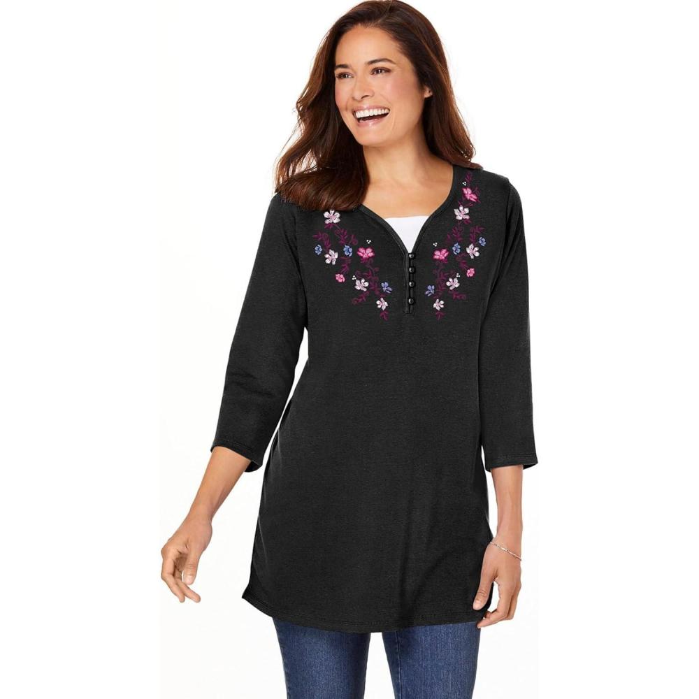 imageWoman Within Plus Size 7Day LayeredLook Embroidered Henley TunicBlack Embroidery