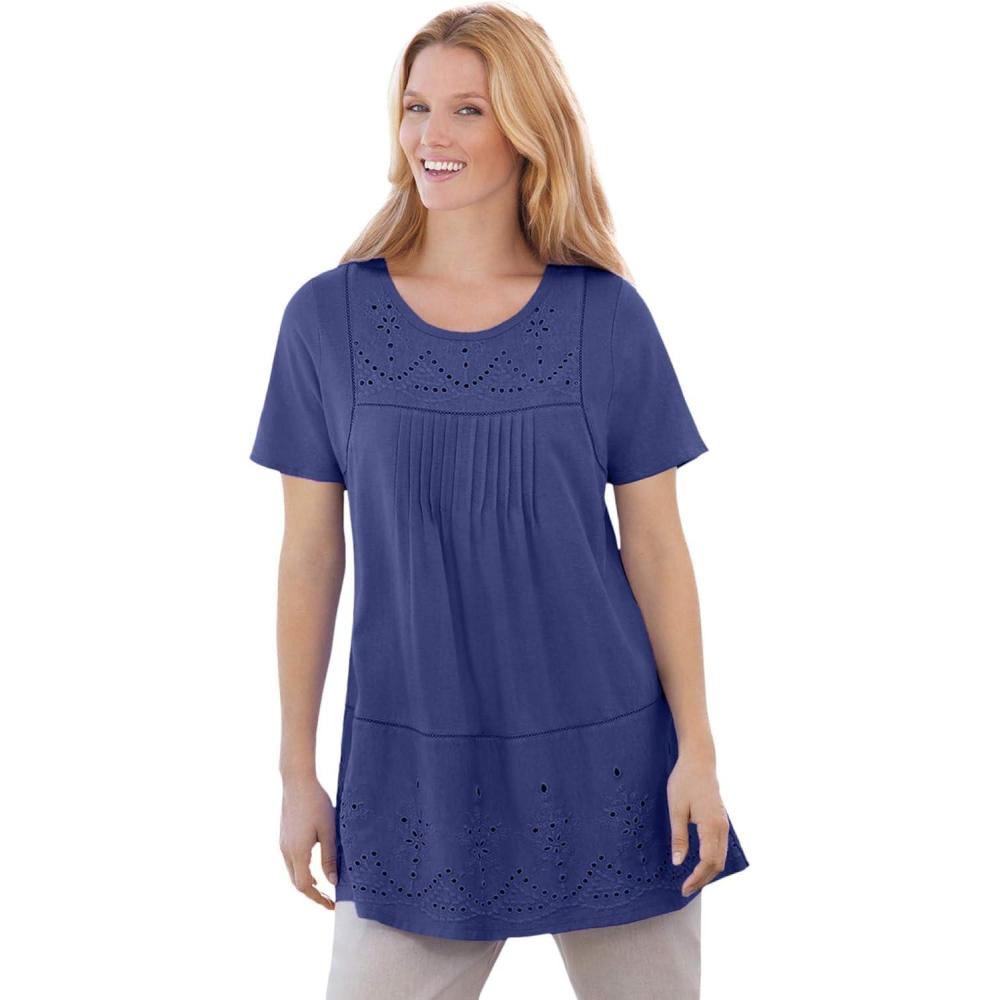 imageWoman Within Plus Size Embroidered Eyelet Pintucked TunicUltra Blue