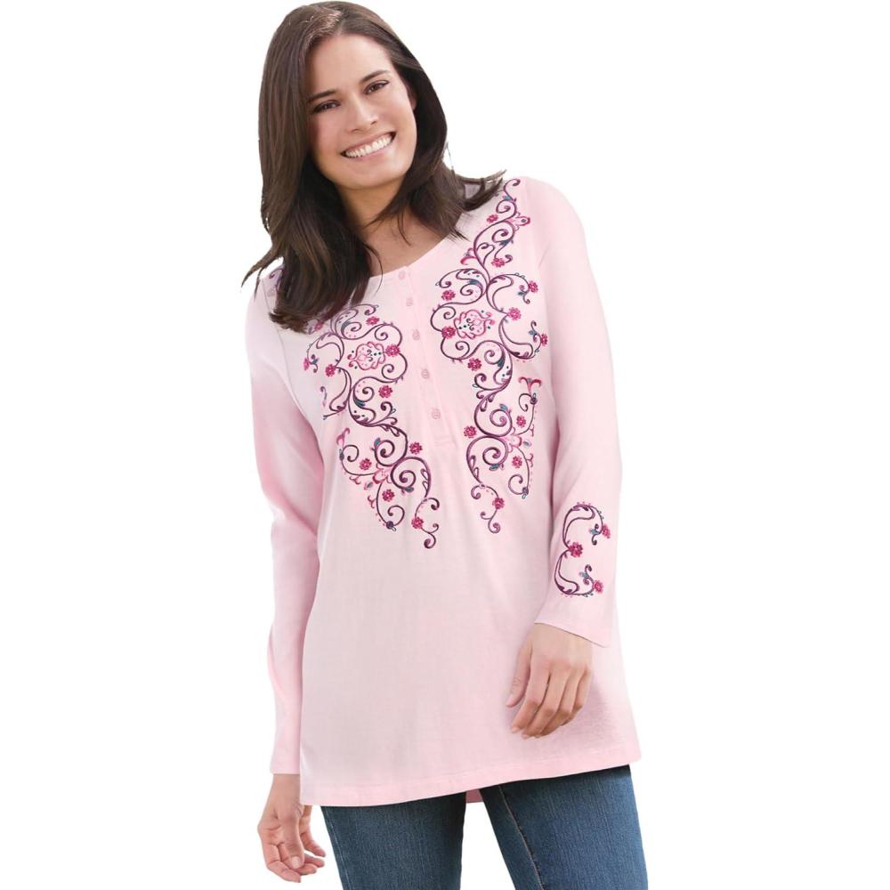 imageWoman Within Plus Size Embroidered Henley TeePink Scroll