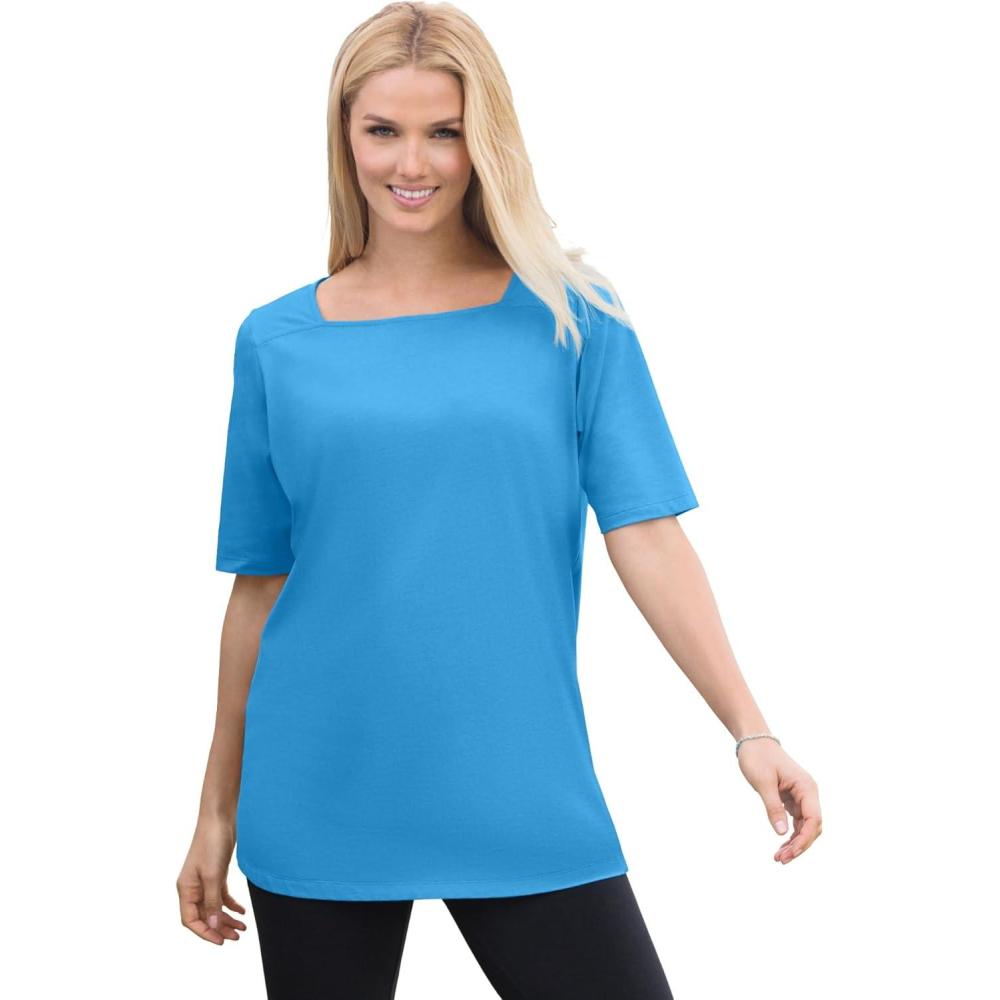 imageWoman Within Plus Size Perfect ElbowSleeve SquareNeck TeeAzure Blue