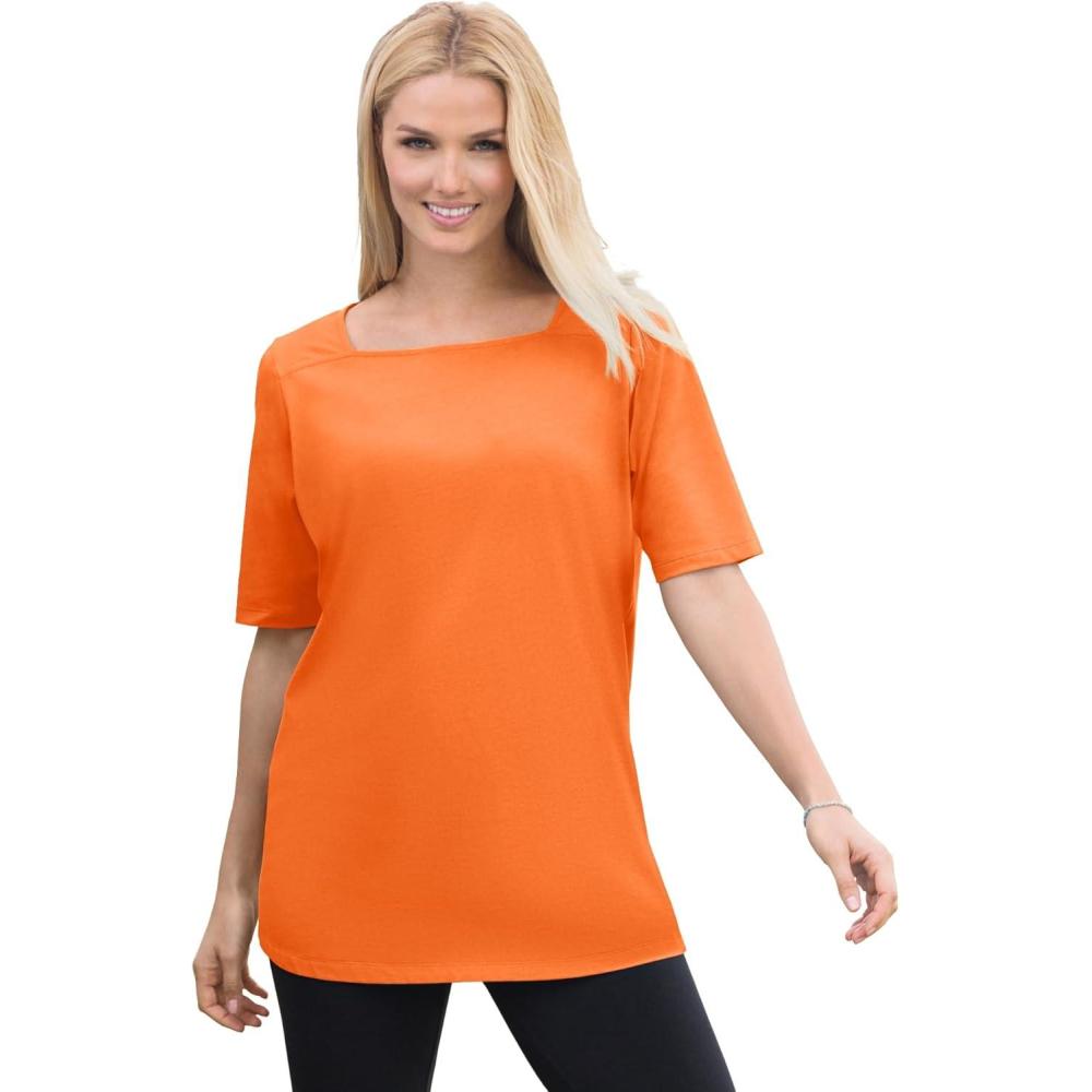imageWoman Within Plus Size Perfect ElbowSleeve SquareNeck TeeOrange Twist