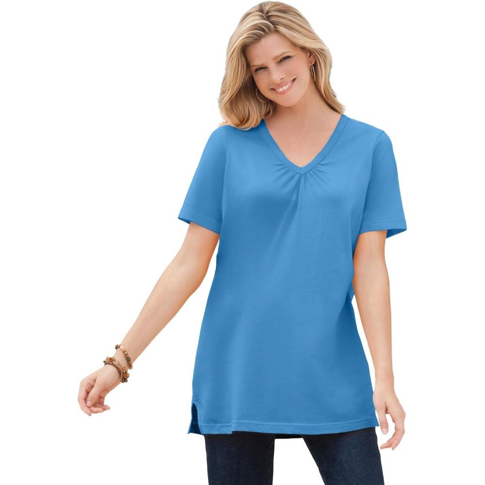imageWoman Within Plus Size Perfect ShortSleeve Shirred VNeck TunicAzure Blue