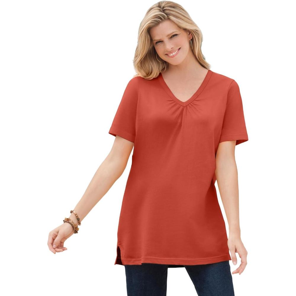 imageWoman Within Plus Size Perfect ShortSleeve Shirred VNeck TunicBurnt Red