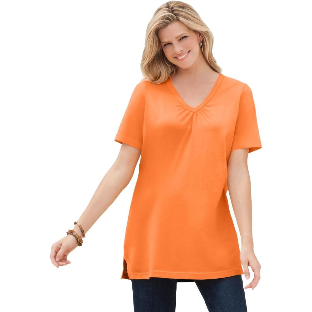 imageWoman Within Plus Size Perfect ShortSleeve Shirred VNeck TunicOrange Twist