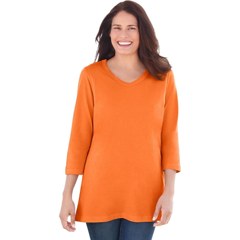 imageWoman Within Plus Size Perfect ThreeQuarter Sleeve VNeck Tee Petite AvailableOrange Twist