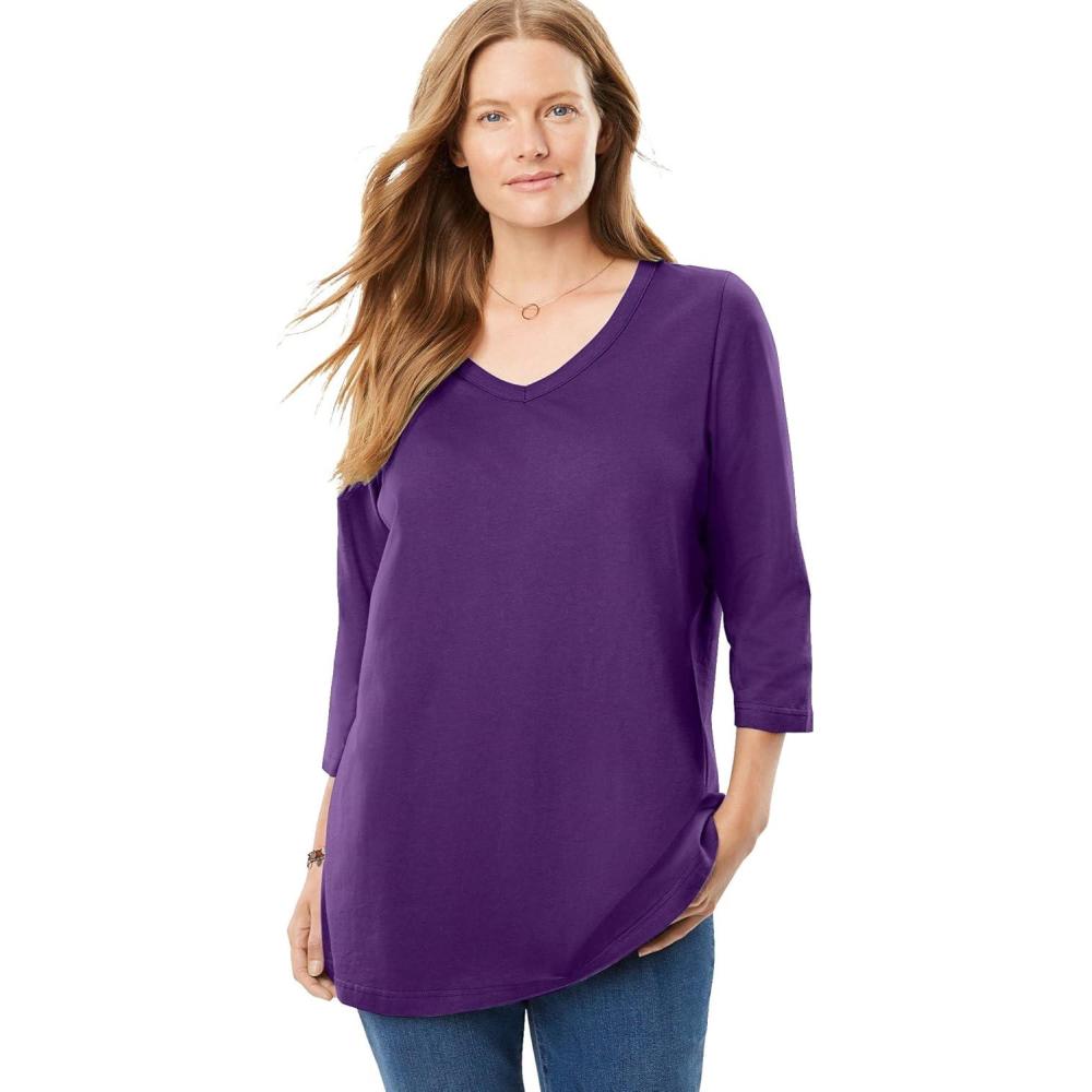 imageWoman Within Plus Size Perfect ThreeQuarter Sleeve VNeck Tee Petite AvailableRadiant Purple