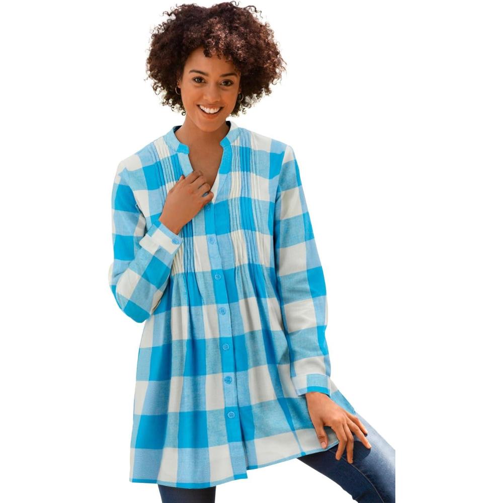 imageWoman Within Plus Size Pintucked Flannel ShirtAzure Blue Large Buffalo