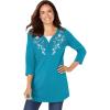 Woman Within Plus Size 7-Day Layered-Look Embroidered Henley Tunic(Deep Teal Embroidery)