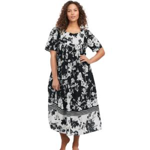 Only Necessities Women’s Plus Size Bib Front Lounger House Dress, Nightgown(Black White Floral)