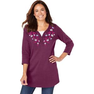 Woman Within Plus Size 7-Day Layered-Look Embroidered Henley Tunic(Deep Claret Embroidery)