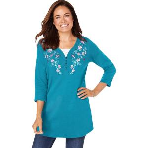 Woman Within Plus Size 7-Day Layered-Look Embroidered Henley Tunic(Deep Teal Embroidery)